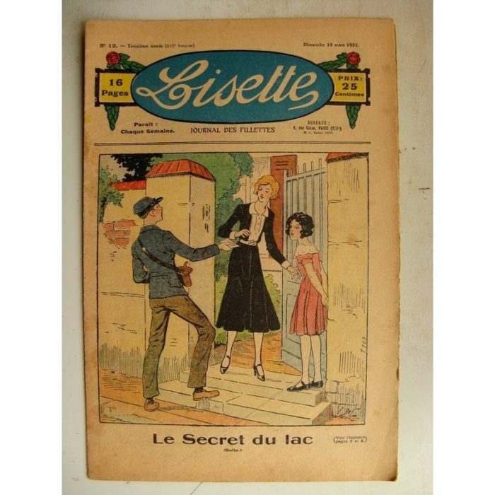 LISETTE n°12 (19 mars 1933) Le secret du lac (Emile Dot) Poupée Lisette (Robe en tissu deux tons)