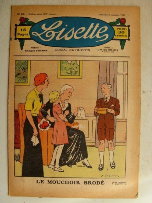 LISETTE  n°45 (8 novembre 1936) Le mouchoir brodé – Poupée Lisette (Manteau et chapeau)
