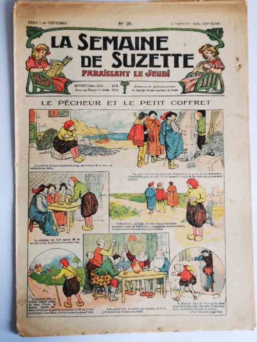 La Semaine de Suzette 15e année n°31 (1919) – Le pêcheur et le petit coffret – Bleuette (Robe perlée)